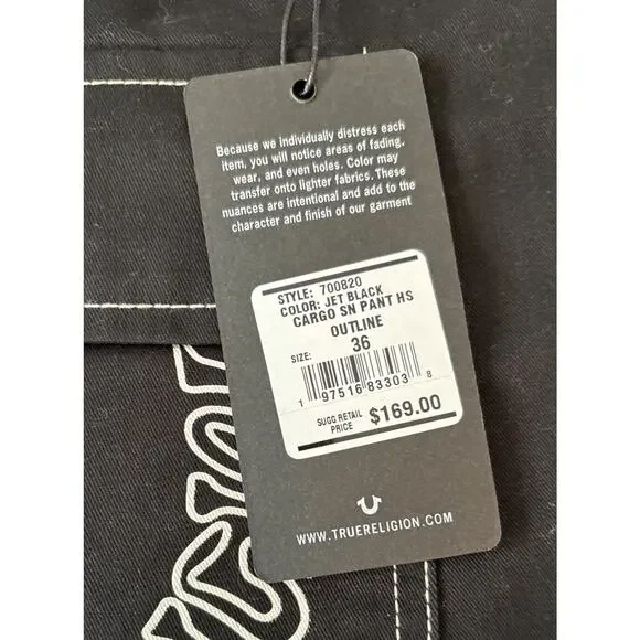 NWT True Religion Outline Graphic Letter Cargo Pants Jet Black Size 36 Rare Y2K